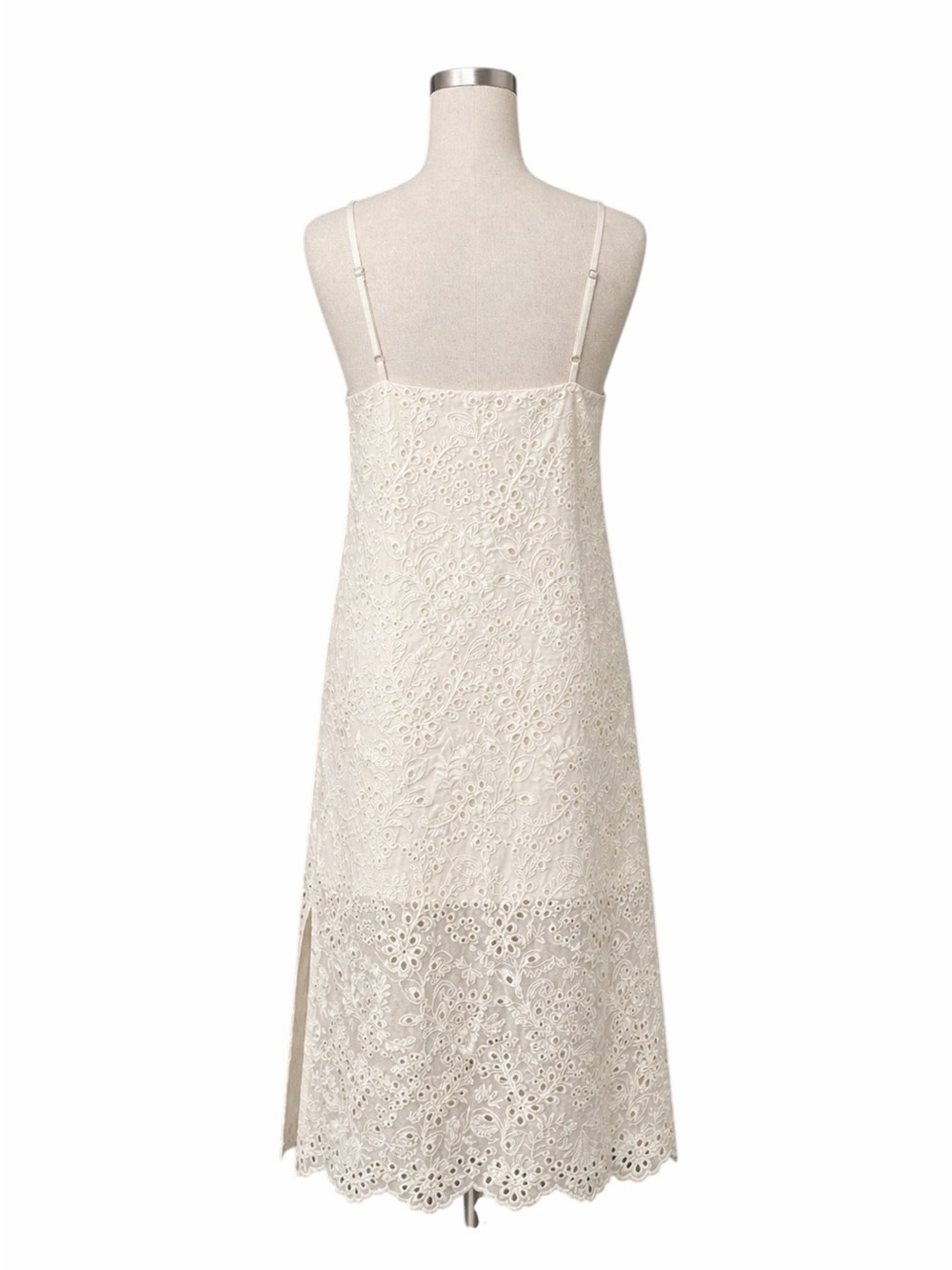 Karen Kane Cotton Eyelet Midi Dress Adjustable Straps Scalloped Hem Ivory M NWT - Picture 2 of 13